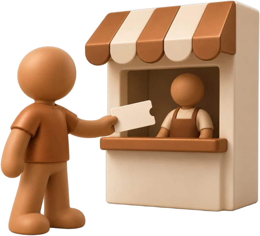 A clay figure handing a code ticket to a shop owner