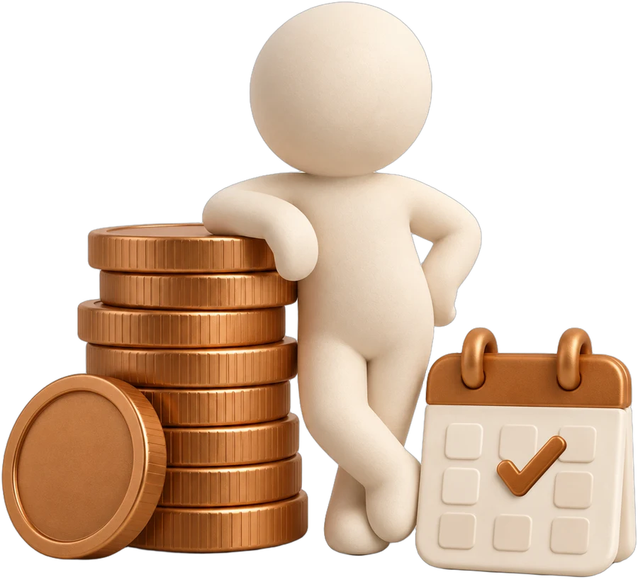 A clay figure leaning on a stack of coins beside a calendar
